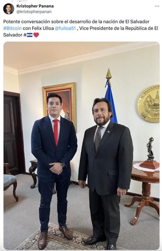 El precandidato pro-cripto, Kristopher Panana, con el vicepresidente de El Salvador, Félix Ulloa. 